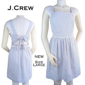 J.Crew Sundress Mini Large Blue White Striped Seersucker Tie Back Cutout New
